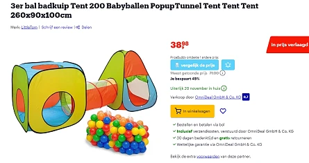 -45% Bal badkuip Tent met 200 Babyballen en PopupTunnel